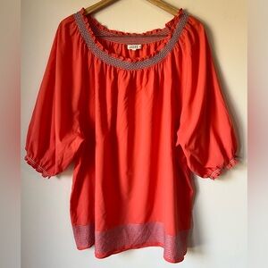 Umgee + Boho Blouse Top Coral Orange Cotton Blend Embroidered Size 2XL